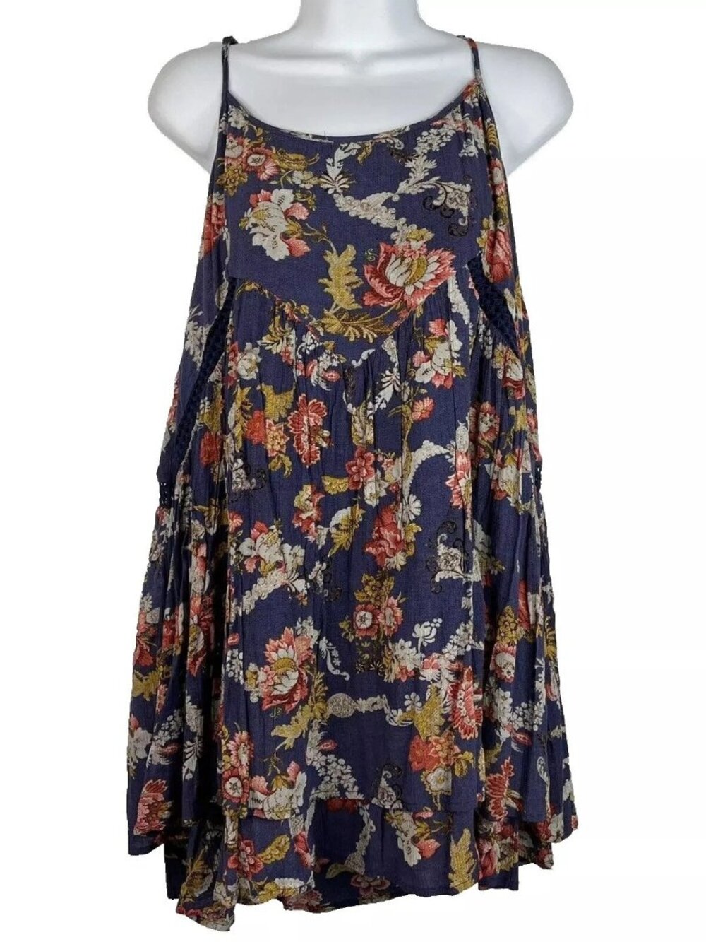 Miss Me Mini Shift Sundress Size XL Juniors Blue Floral Print Crochet Inlay